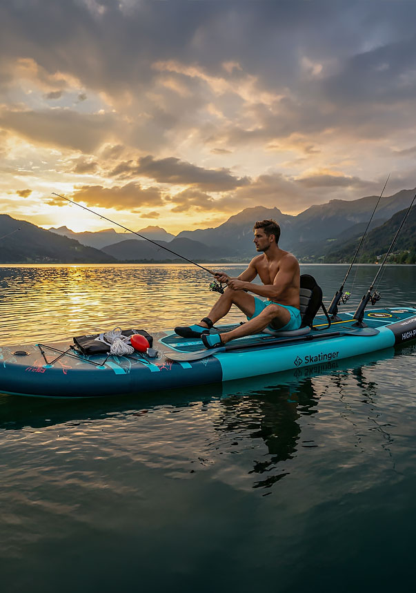 Stable SKATINGER inflatable fishing board with space for fishing equipment and accessories