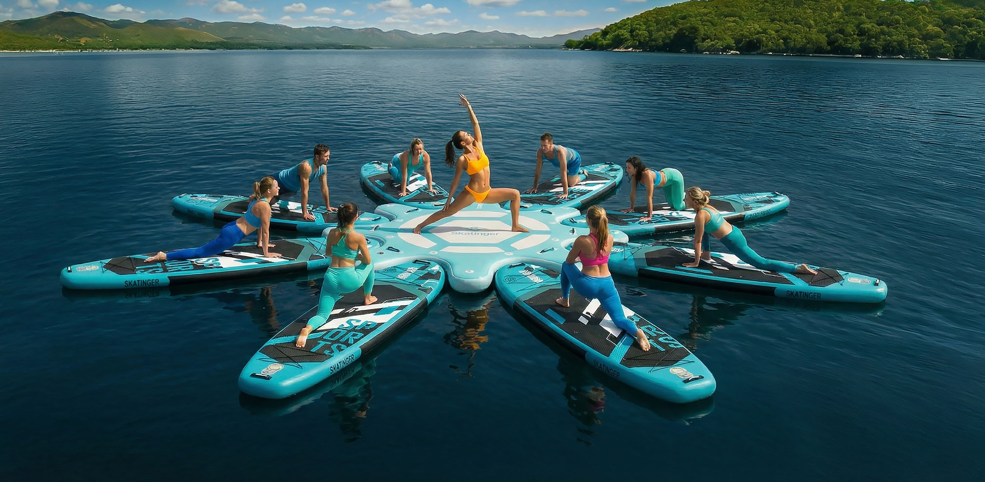 Large SKATINGER inflatable Yoga Dock platform for group yoga and fitness sessions on water